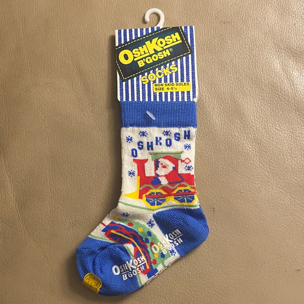 Vintage OshKosh B'gosh Blue and White Santa Train Socks Non Skid Holiday Socks